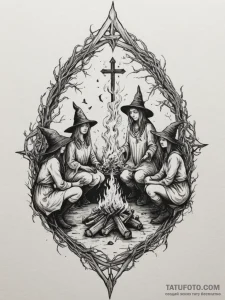 A coven of witches around a fire, ink illustr... - эскиз тату (№1754984832_0, 12.08.2025 07:47) — Tatufoto.com