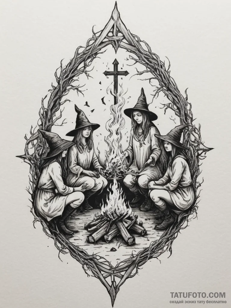 A coven of witches around a fire, ink illustr... - эскиз тату (№1754984832_0, 12.08.2025 07:47) — Tatufoto.com
