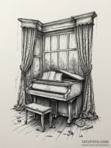 An abandoned, dusty ballroom with tattered cu... - эскиз тату (№1754985029_0, 12.08.2025 07:50) — Tatufoto.com