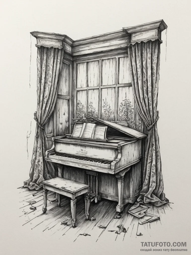 An abandoned, dusty ballroom with tattered cu... - эскиз тату (№1754985029_0, 12.08.2025 07:50) — Tatufoto.com
