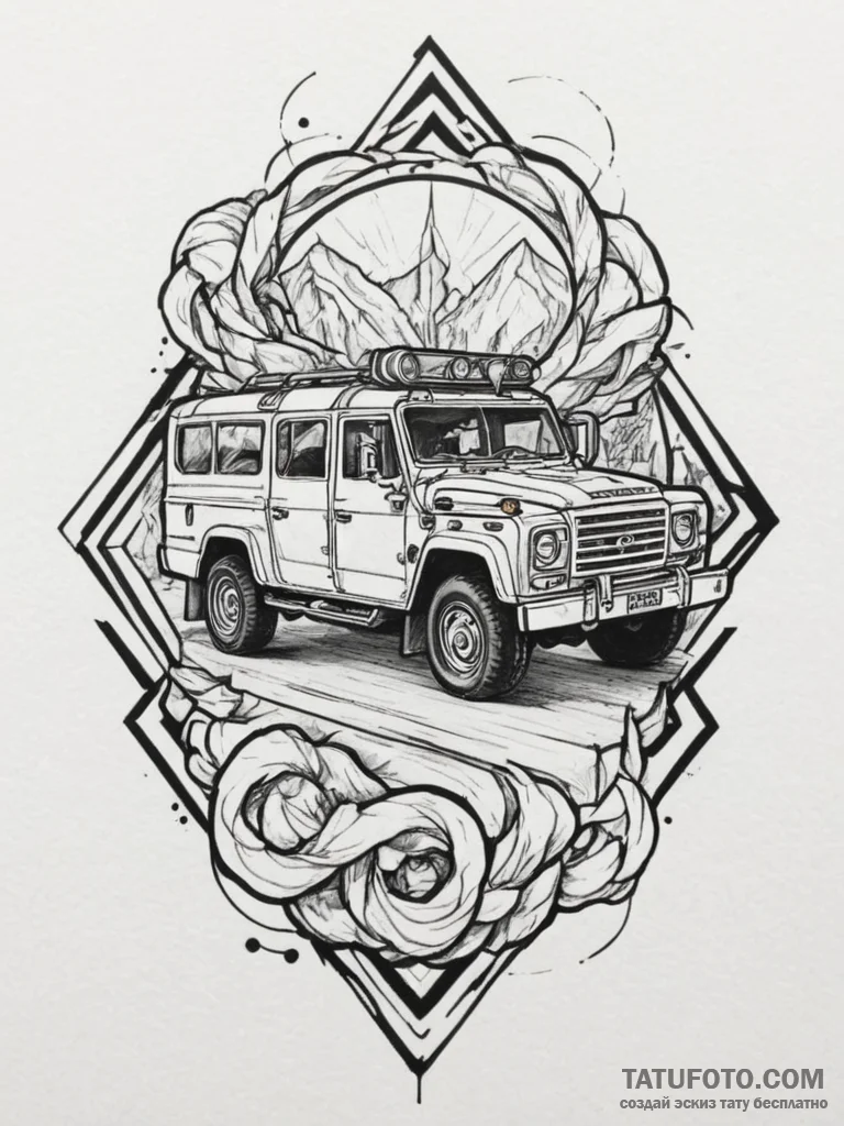 Tattoo design a stylized military vehicle tra... - эскиз тату (№1754985620_0, 12.08.2025 08:00) — Tatufoto.com