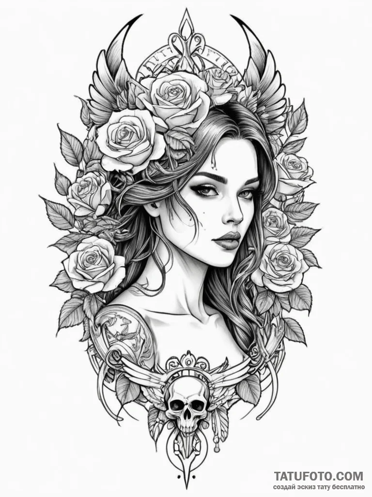 Valkyrie, artistic tattoo sketch, chicano tat... - эскиз тату (№1754986210_0, 12.08.2025 08:10) — Tatufoto.com