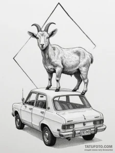 A curious goat standing on the roof of a car.... - эскиз тату (№1754990352_0, 12.08.2025 09:19) — Tatufoto.com