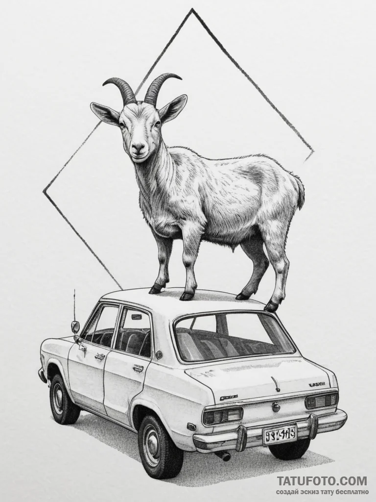 A curious goat standing on the roof of a car.... - эскиз тату (№1754990352_0, 12.08.2025 09:19) — Tatufoto.com