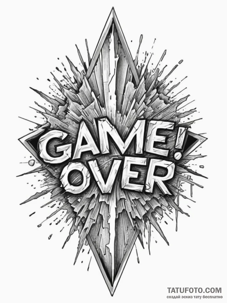 Tattoo sketch a game over screen with shatter... - эскиз тату (№1754992727_0, 12.08.2025 09:58) — Tatufoto.com