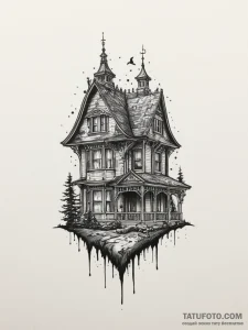 A haunted house silhouette, tattoo sketch des... - эскиз тату (№1755008947_0, 12.08.2025 14:29) — Tatufoto.com