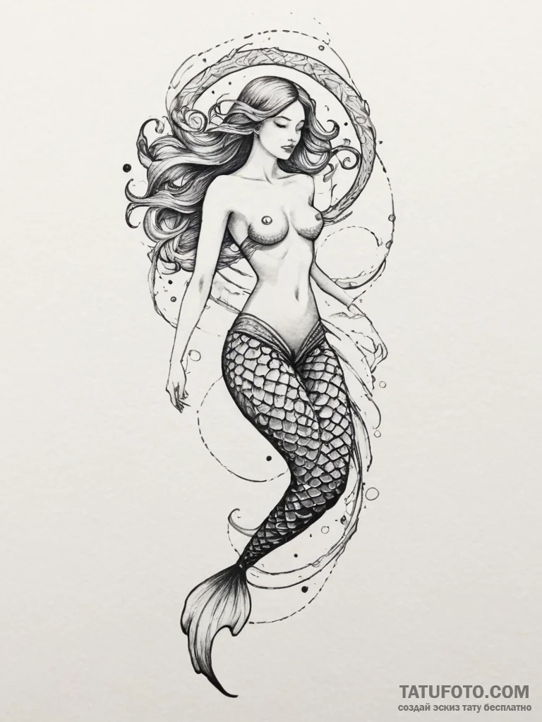 Tattoo sketch a dramatic, flowing mermaid's t... - эскиз тату (№1755014364_0, 12.08.2025 15:59) — Tatufoto.com