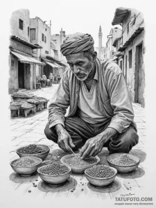 A photo of a street vendor in marrakech, arra... - эскиз тату (№1755023768_0, 12.08.2025 18:36) — Tatufoto.com