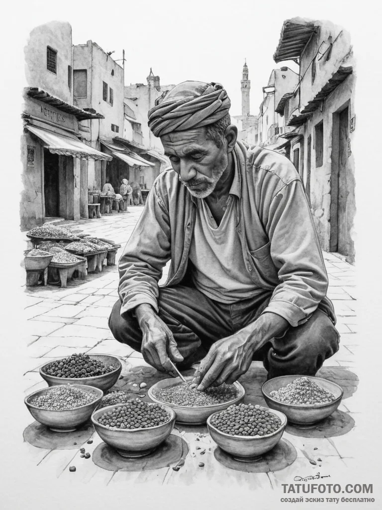 A photo of a street vendor in marrakech, arra... - эскиз тату (№1755023768_0, 12.08.2025 18:36) — Tatufoto.com