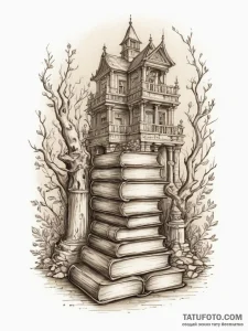 Tattoo design an ancient library filled with... - эскиз тату (№1755025364_0, 12.08.2025 19:02) — Tatufoto.com