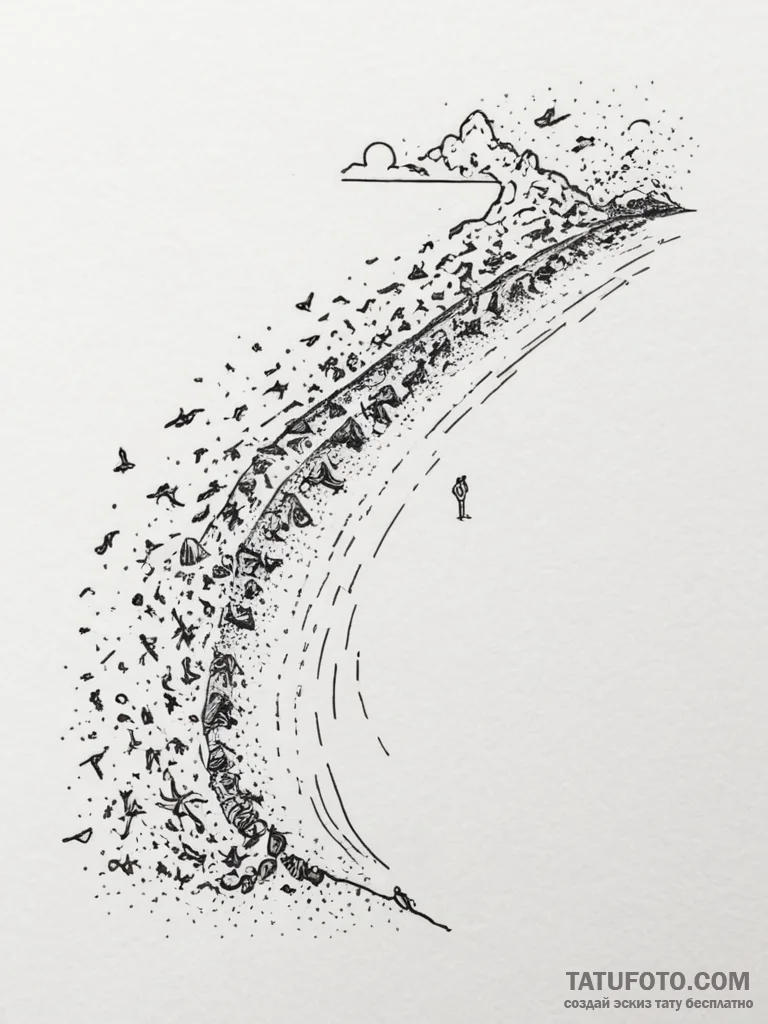 A crowded beach scene, shot from a high angle... - эскиз тату (№1755031993_0, 12.08.2025 20:53) — Tatufoto.com