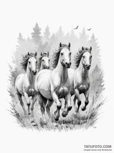 A herd of wild horses galloping across a gras... - эскиз тату (№1755032400_0, 12.08.2025 21:00) — Tatufoto.com