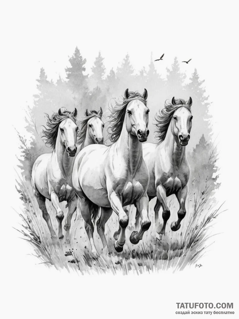 A herd of wild horses galloping across a gras... - эскиз тату (№1755032400_0, 12.08.2025 21:00) — Tatufoto.com