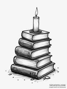 A stack of old books with a lit candle on top... - эскиз тату (№1755033829_0, 12.08.2025 21:23) — Tatufoto.com