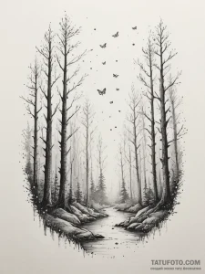 Tattoo sketch an ethereal forest scene with g... - эскиз тату (№1755043120_0, 12.08.2025 23:58) — Tatufoto.com