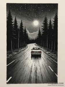 A car driving on a wet road at night, headlig... - эскиз тату (№1755045770_0, 13.08.2025 00:42) — Tatufoto.com