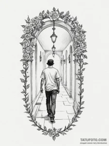 A cinematic shot of a person walking away dow... - эскиз тату (№1755049205_0, 13.08.2025 01:40) — Tatufoto.com