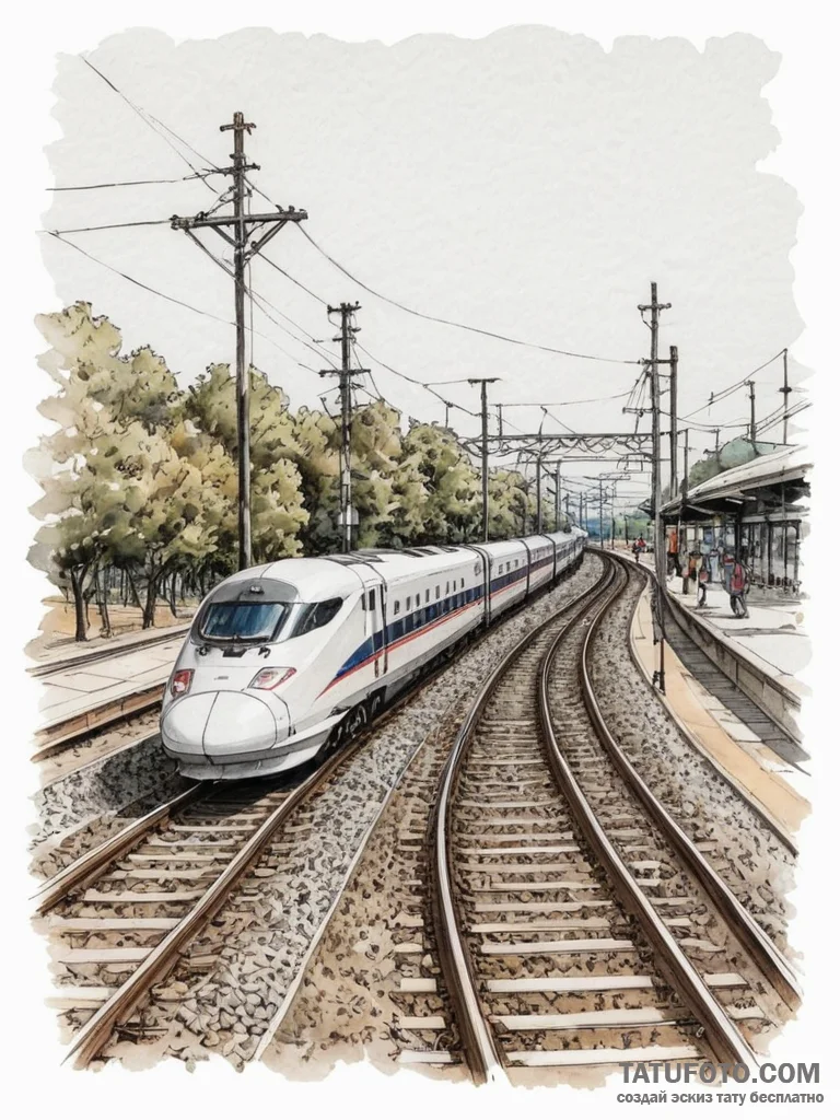 A sleek, modern high-speed bullet train blurr... - эскиз тату (№1755050406_0, 13.08.2025 02:00) — Tatufoto.com