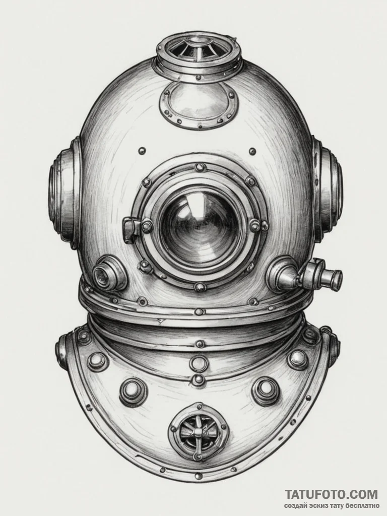 Antique diving helmet, concept art for tattoo... - эскиз тату (№1755051208_0, 13.08.2025 02:13) — Tatufoto.com