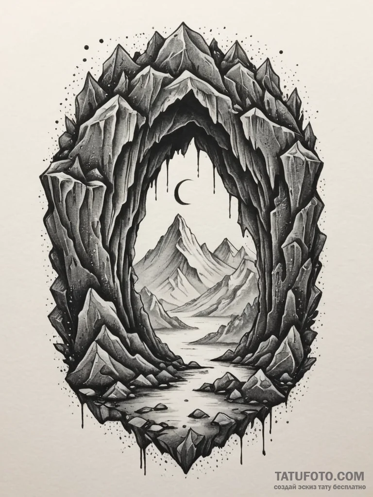 Tattoo sketch a stylized cave entrance with g... - эскиз тату (№1755052997_0, 13.08.2025 02:43) — Tatufoto.com