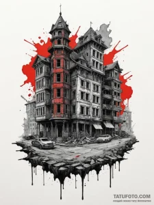 Tattoo sketch a post-apocalyptic cityscape wi... - эскиз тату (№1755055388_0, 13.08.2025 03:23) — Tatufoto.com