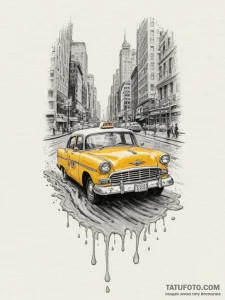 A yellow taxi cab speeding through a puddle i... - эскиз тату (№1755055588_0, 13.08.2025 03:26) — Tatufoto.com