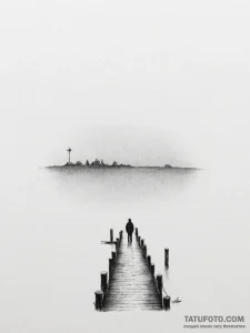 A lone figure standing at the end of a pier o... - эскиз тату (№1755057976_0, 13.08.2025 04:06) — Tatufoto.com