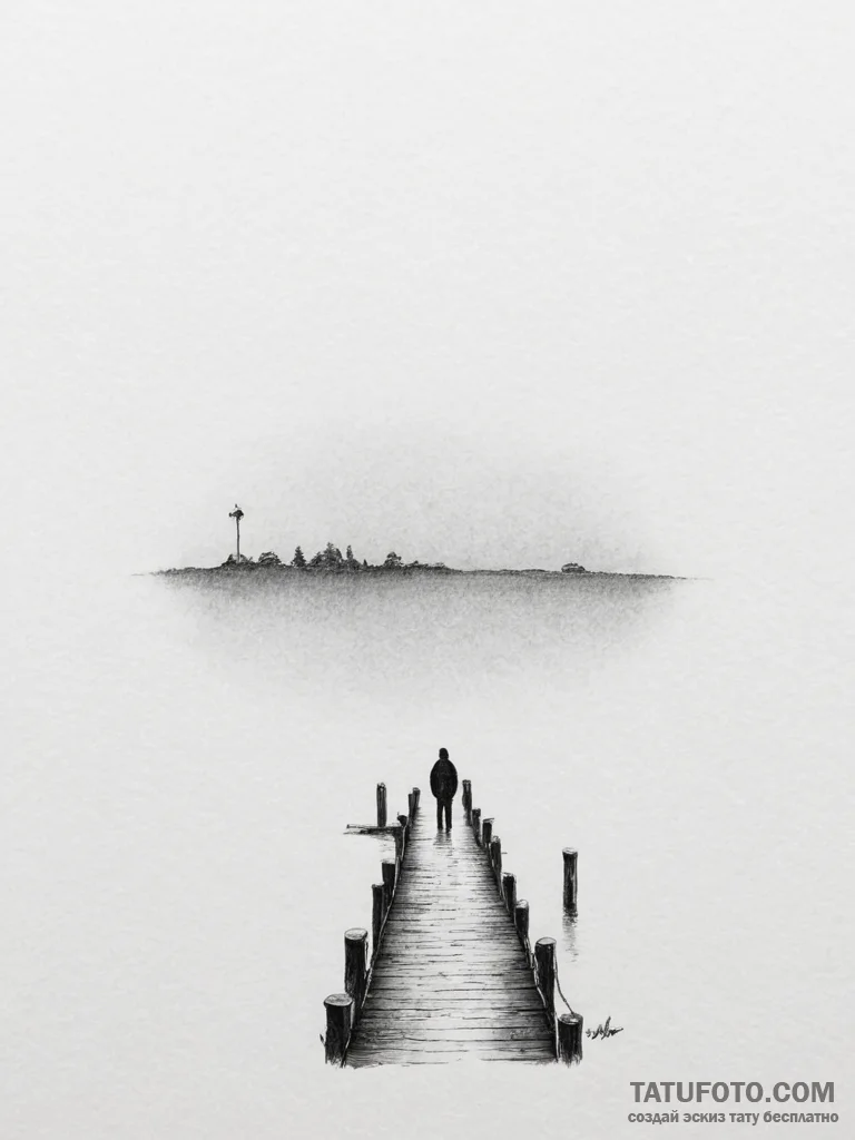 A lone figure standing at the end of a pier o... - эскиз тату (№1755057976_0, 13.08.2025 04:06) — Tatufoto.com