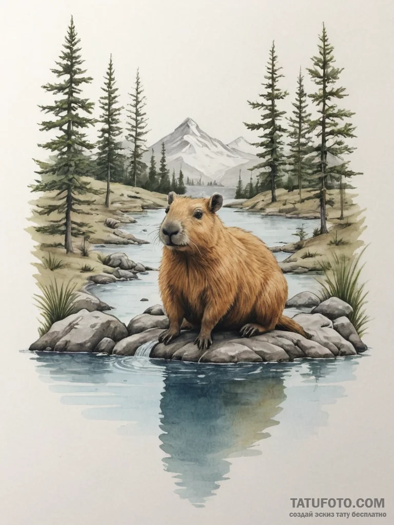 A capybara chilling in a hot spring - эскиз тату (№1755060769_0, 13.08.2025 04:52) — Tatufoto.com
