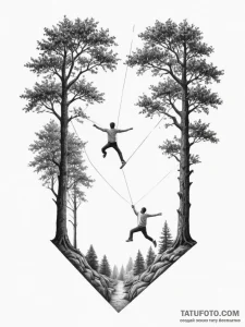 A shot of a person slacklining between two tr... - эскиз тату (№1755061966_0, 13.08.2025 05:12) — Tatufoto.com