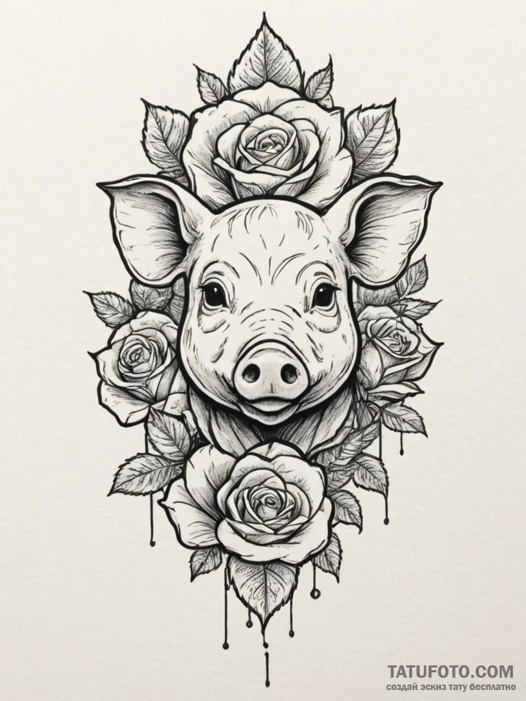 Pig, tattoo sketch design, bold outlines, thi... - эскиз тату (№1755070141_0, 13.08.2025 07:29) — Tatufoto.com
