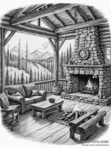 The interior of a log cabin with a fire roari... - эскиз тату (№1755070340_0, 13.08.2025 07:32) — Tatufoto.com