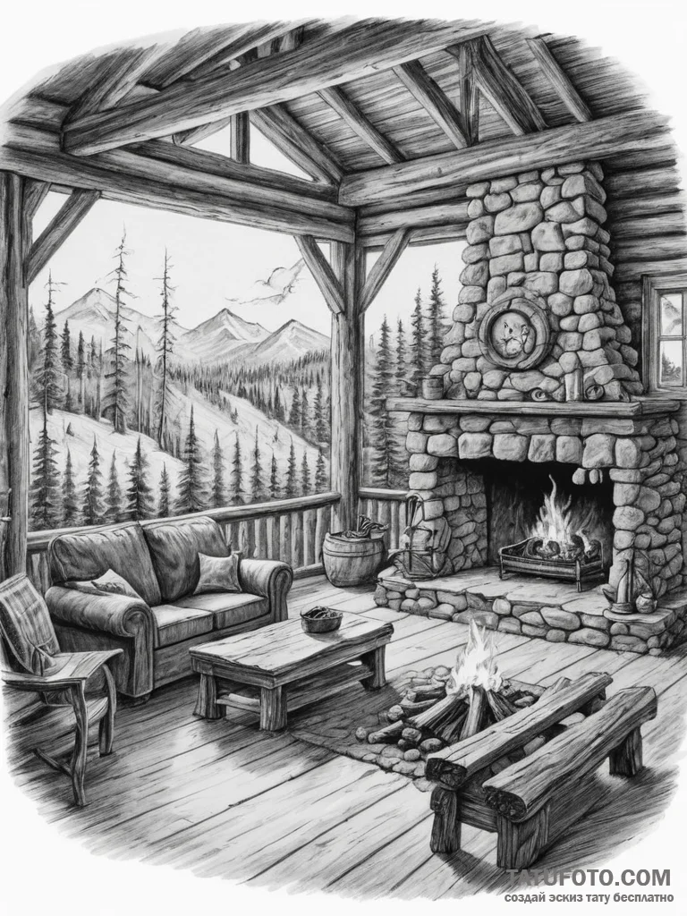 The interior of a log cabin with a fire roari... - эскиз тату (№1755070340_0, 13.08.2025 07:32) — Tatufoto.com