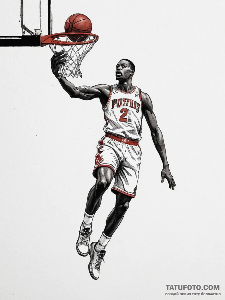 A low-angle shot of a basketball player dunki... - эскиз тату (№1755070539_0, 13.08.2025 07:35) — Tatufoto.com