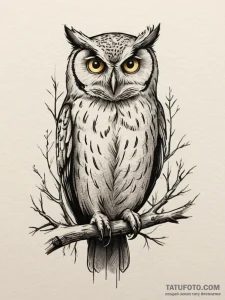A wise-looking owl perched on a branch in a d... - эскиз тату (№1755071138_0, 13.08.2025 07:45) — Tatufoto.com
