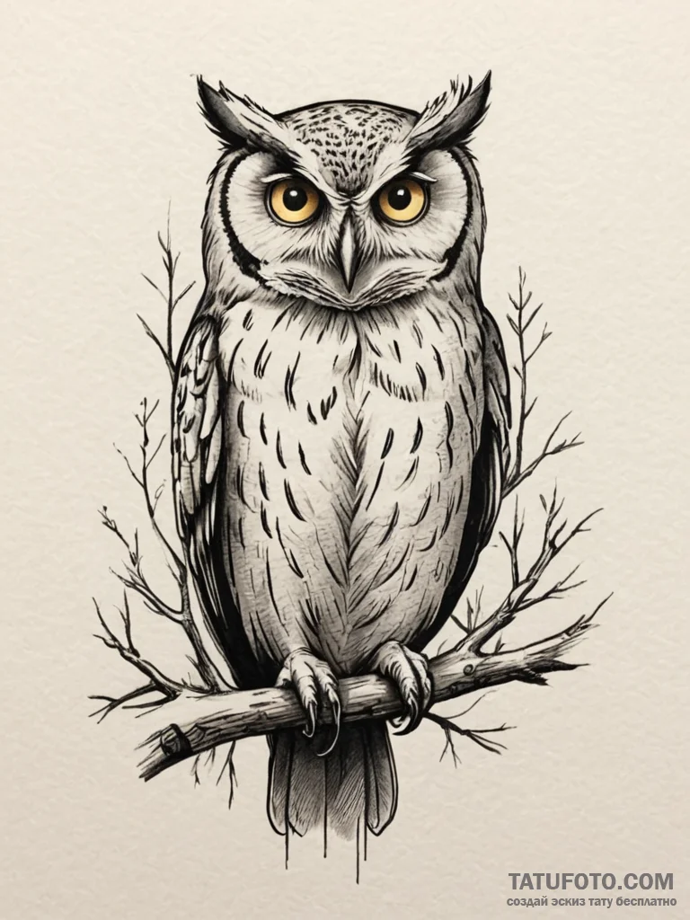 A wise-looking owl perched on a branch in a d... - эскиз тату (№1755071138_0, 13.08.2025 07:45) — Tatufoto.com