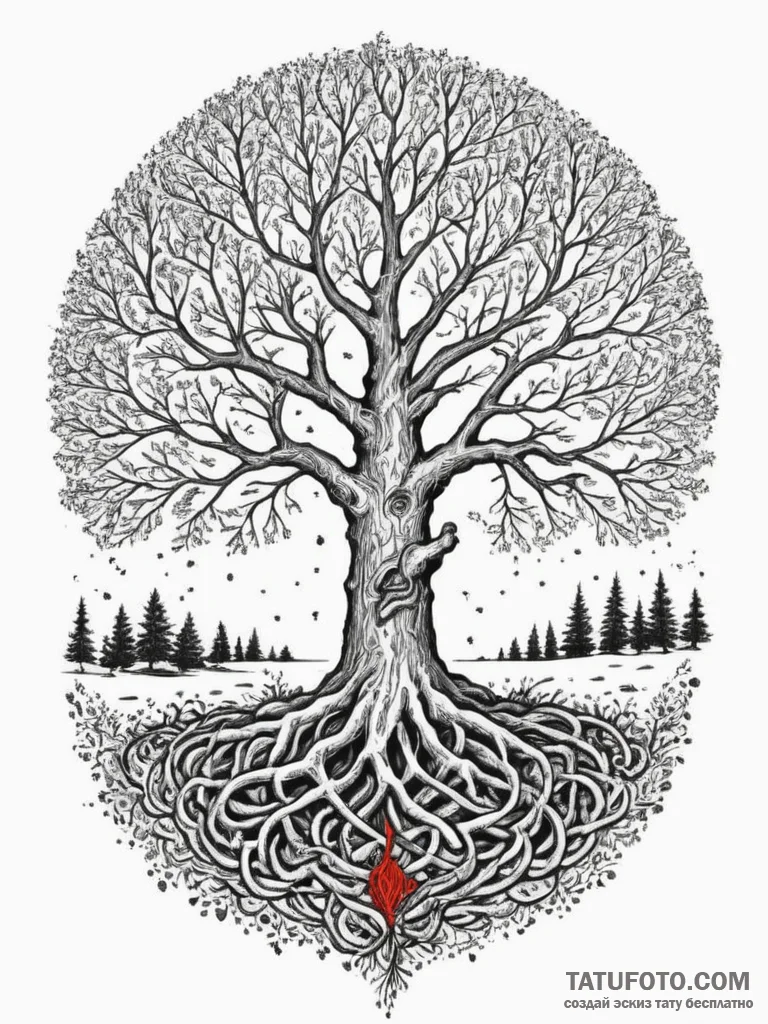 A tree with its roots exposed, forming a laby... - эскиз тату (№1755073729_0, 13.08.2025 08:28) — Tatufoto.com