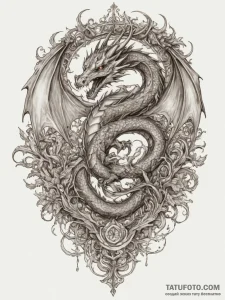 Dragon guarding a hoard of gold, tattoo line... - эскиз тату (№1755077517_0, 13.08.2025 09:31) — Tatufoto.com