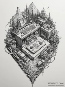 Tattoo sketch a gamer's entire setup from a b... - эскиз тату (№1755078914_0, 13.08.2025 09:55) — Tatufoto.com