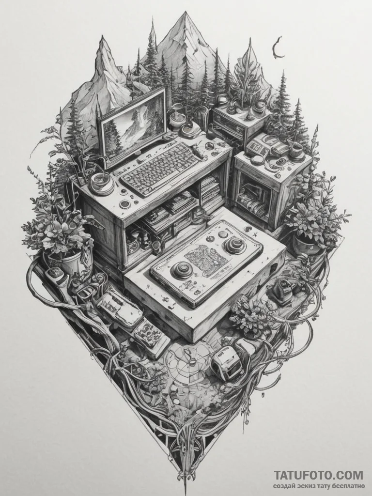 Tattoo sketch a gamer's entire setup from a b... - эскиз тату (№1755078914_0, 13.08.2025 09:55) — Tatufoto.com
