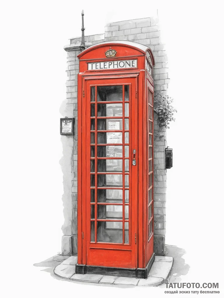 An old-fashioned red telephone box on a londo... - эскиз тату (№1755086694_0, 13.08.2025 12:04) — Tatufoto.com