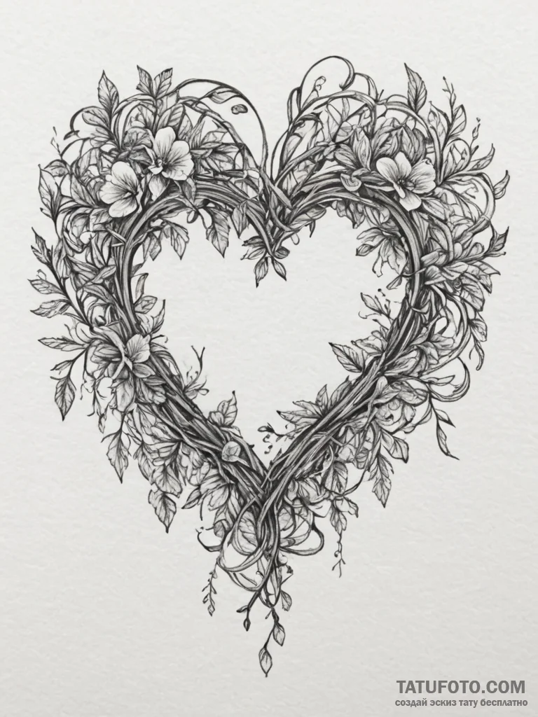 Tattoo sketch a heart woven from delicate vin... - эскиз тату (№1755086893_0, 13.08.2025 12:08) — Tatufoto.com