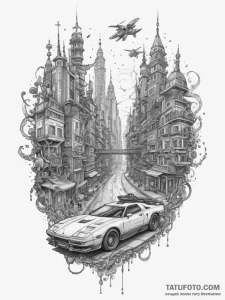 Tattoo sketch a cyberpunk city with flying ve... - эскиз тату (№1755088892_0, 13.08.2025 12:41) — Tatufoto.com