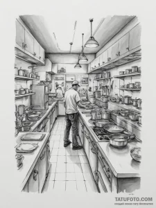 The inside of a bustling, chaotic commercial... - эскиз тату (№1755092106_0, 13.08.2025 13:35) — Tatufoto.com