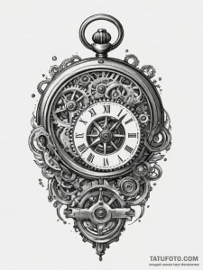 Pocket watch with exposed gears, tattoo flash... - эскиз тату (№1755092305_0, 13.08.2025 13:38) — Tatufoto.com