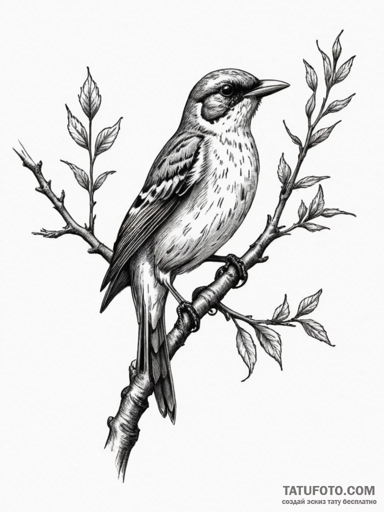 Tattoo sketch a stylized songbird perched on... - эскиз тату (№1755094894_0, 13.08.2025 14:21) — Tatufoto.com