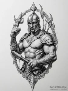 Tattoo sketch a gladiator's armored arm holdi... - эскиз тату (№1755095291_0, 13.08.2025 14:28) — Tatufoto.com