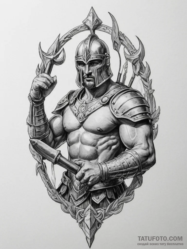 Tattoo sketch a gladiator's armored arm holdi... - эскиз тату (№1755095291_0, 13.08.2025 14:28) — Tatufoto.com