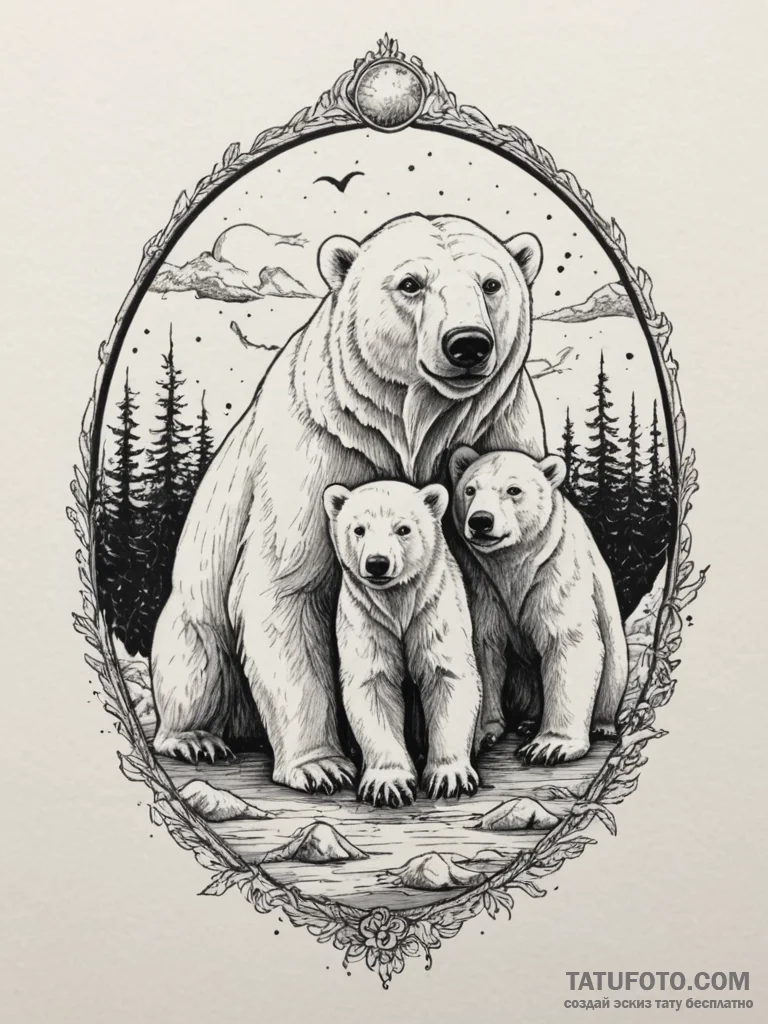 A polar bear and her cubs on a small ice floe... - эскиз тату (№1755100511_0, 13.08.2025 15:55) — Tatufoto.com