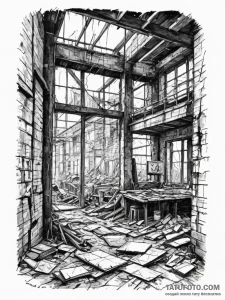The interior of an old, abandoned factory wit... - эскиз тату (№1755100708_0, 13.08.2025 15:58) — Tatufoto.com